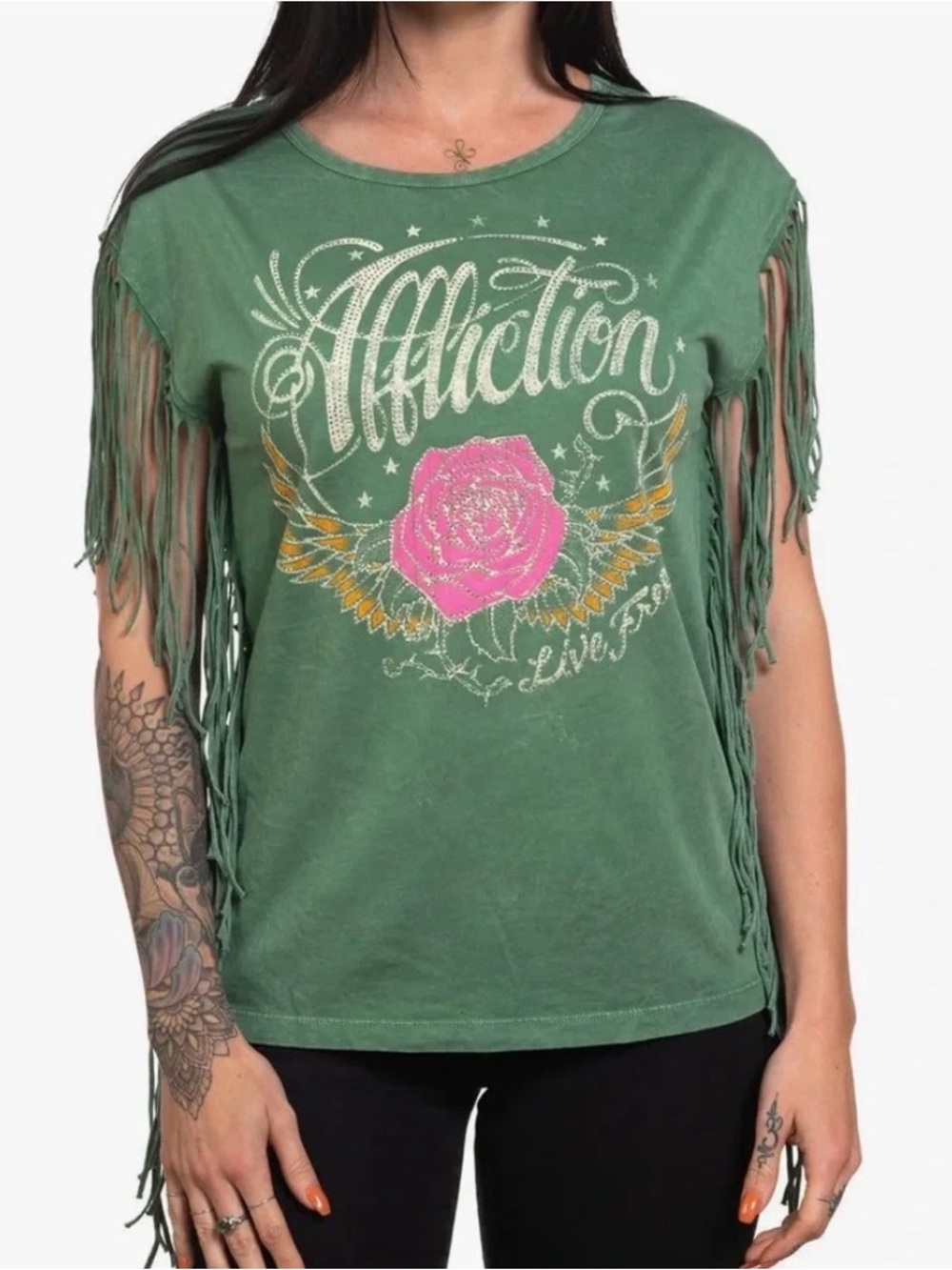 Affliction AC ROSE WINGS FRINGE TANK size XL